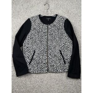 Talbots Herringbone Black White Cotton Blend Knit Sleeves Full Zip Jacket Sz 14P